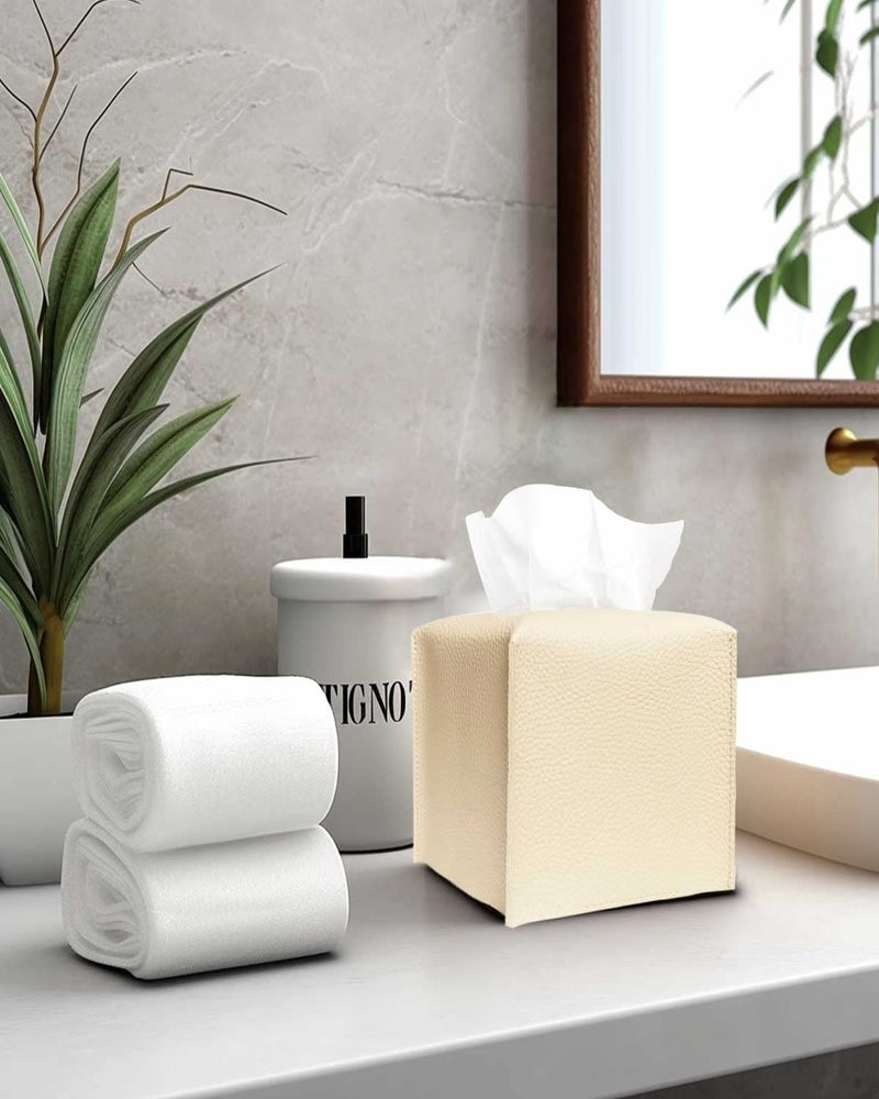 JESMINI Tissue Box Cover Tissue Holder - Square Leather Tissue Box Holder with Bottom Belt [JESMINI  Beige] Modern PU Leather Tissues Cube Box Cover for Bathroom Countertop/Night Stands/Office - Image 5